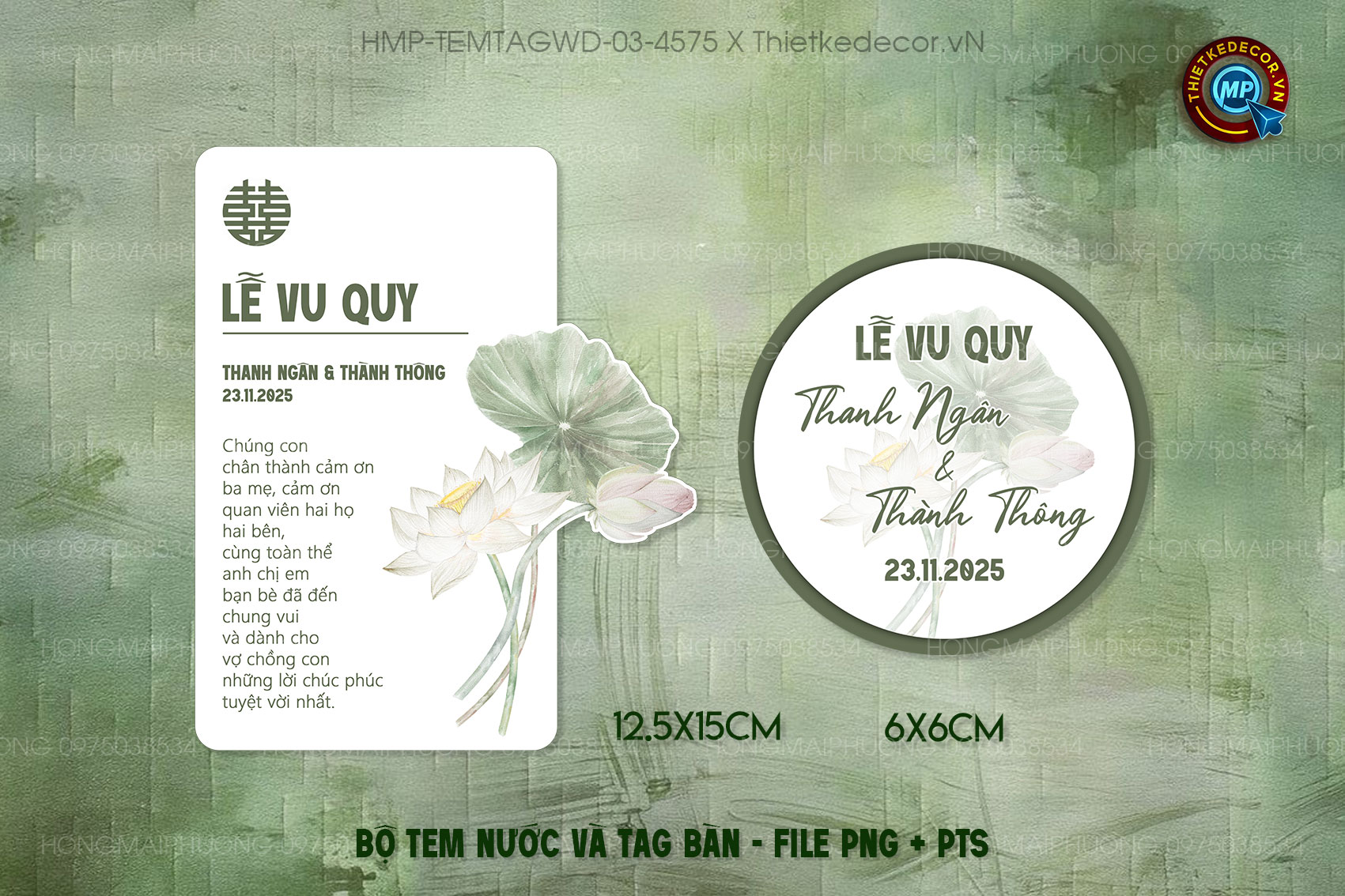 Bộ Tem nước tag bàn tone xanh lá Vintage họa tiết hoa sen